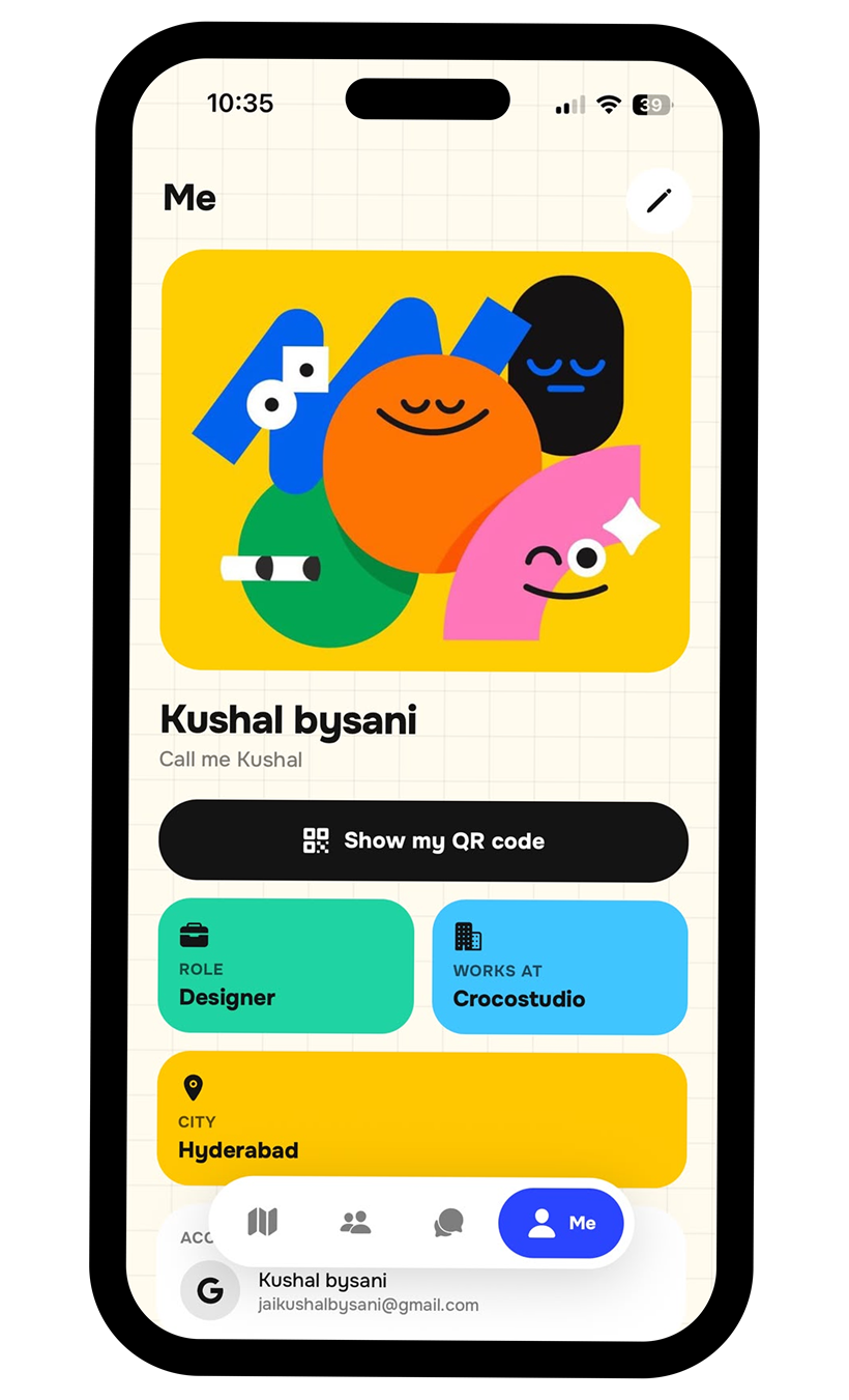 WeJstMet profile screen showing a colourful avatar, name, Show my QR code button, and role, workplace and city cards.